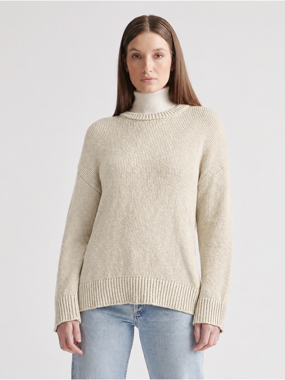 Quince Cotton Linen Oversized Crew Sweater in Ivory, size XS